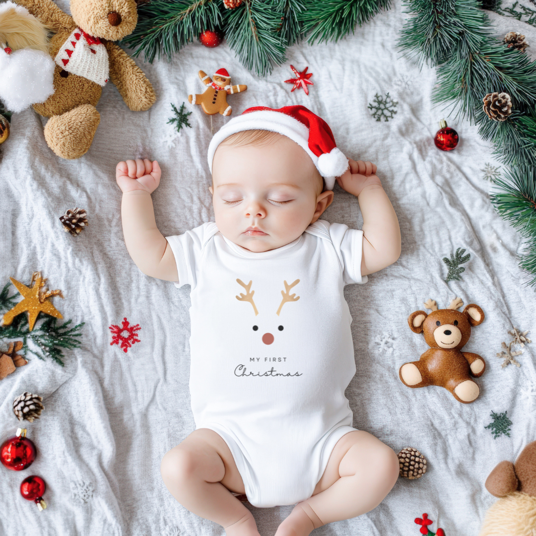 My First Christmas Baby Short Sleeve Bodysuit - Reindeer