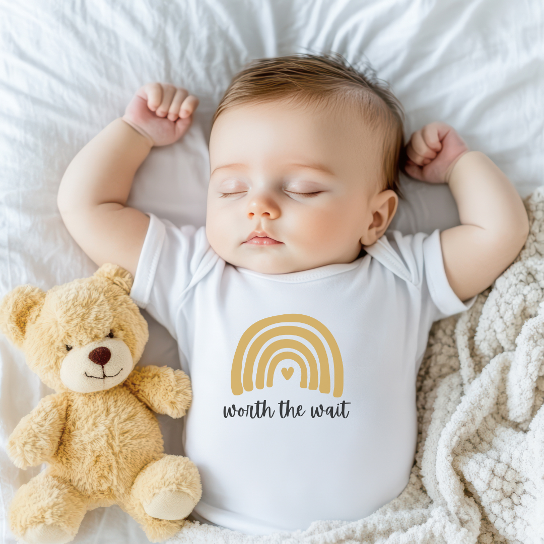 Worth the Wait | Graphic Onesie® and Matching Rainbow Sock Set