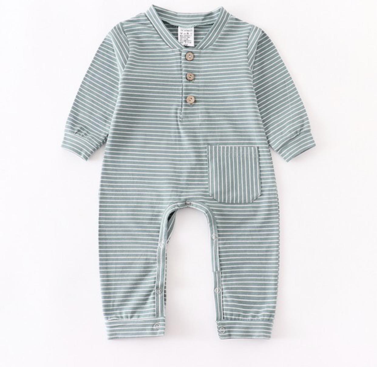 Green and white striped baby romper