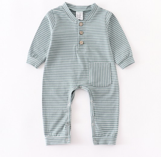 Green and white striped baby romper