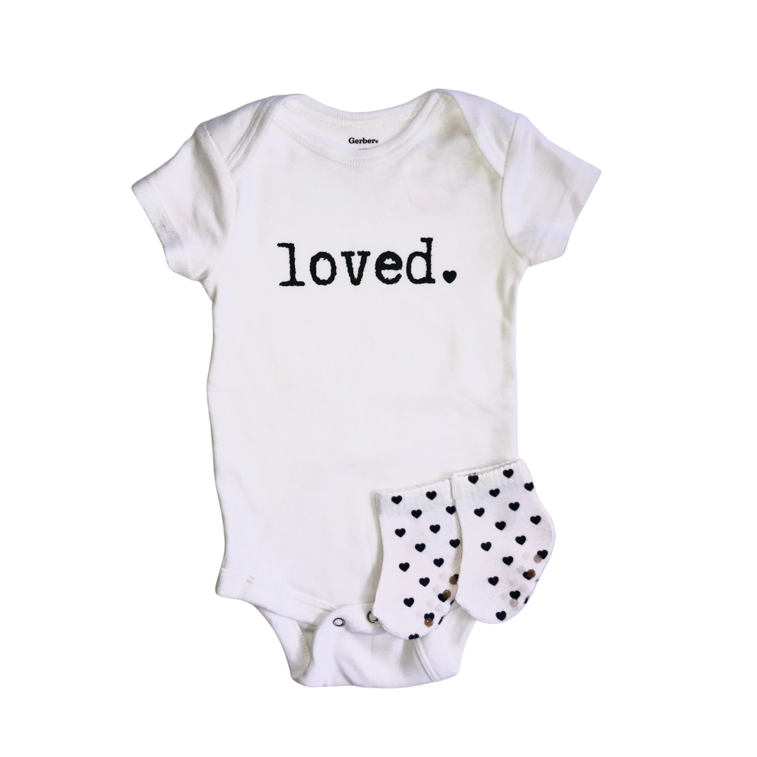 Loved | Graphic Onesie® and Matching Heart Sock Set