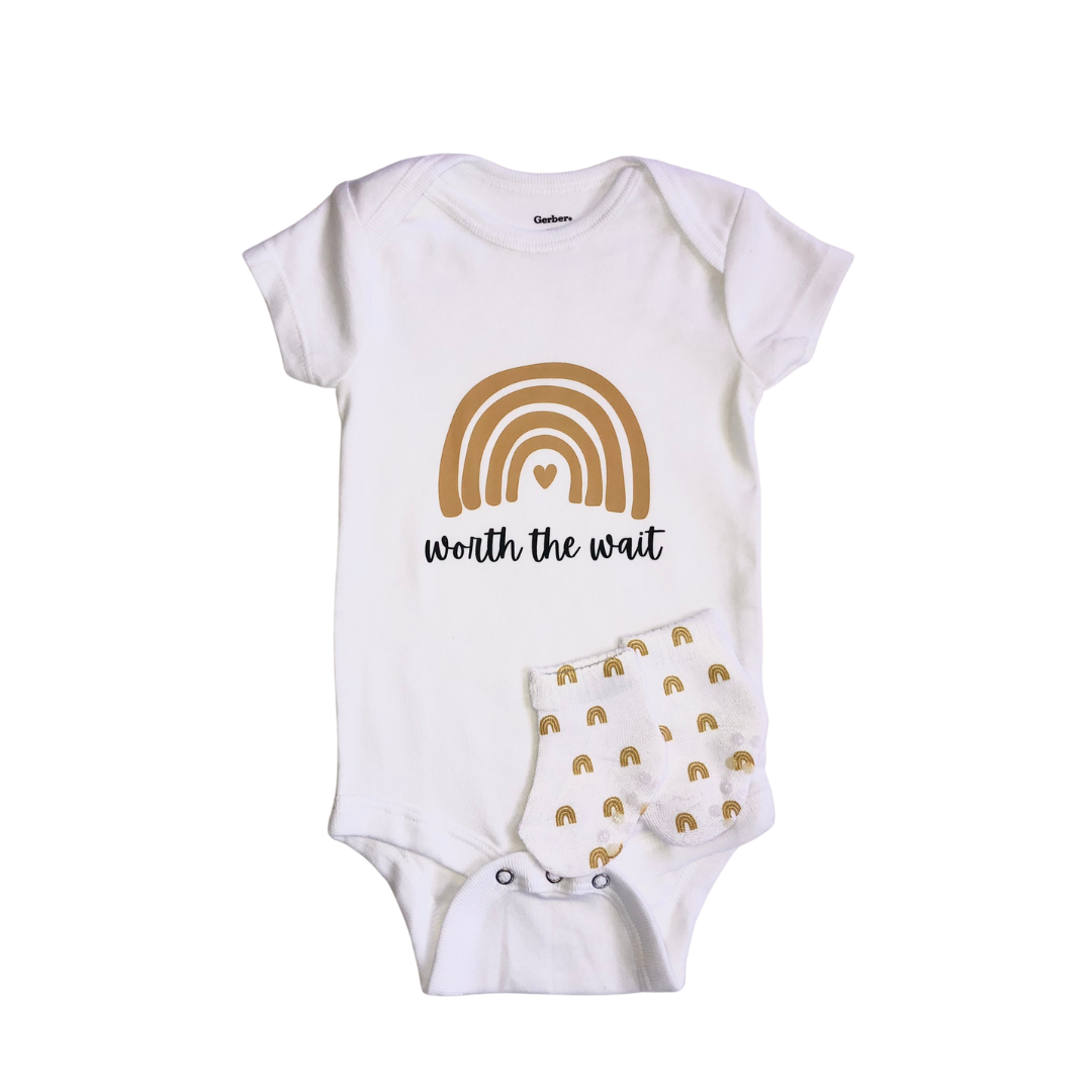 Worth the Wait | Graphic Onesie® and Matching Rainbow Sock Set