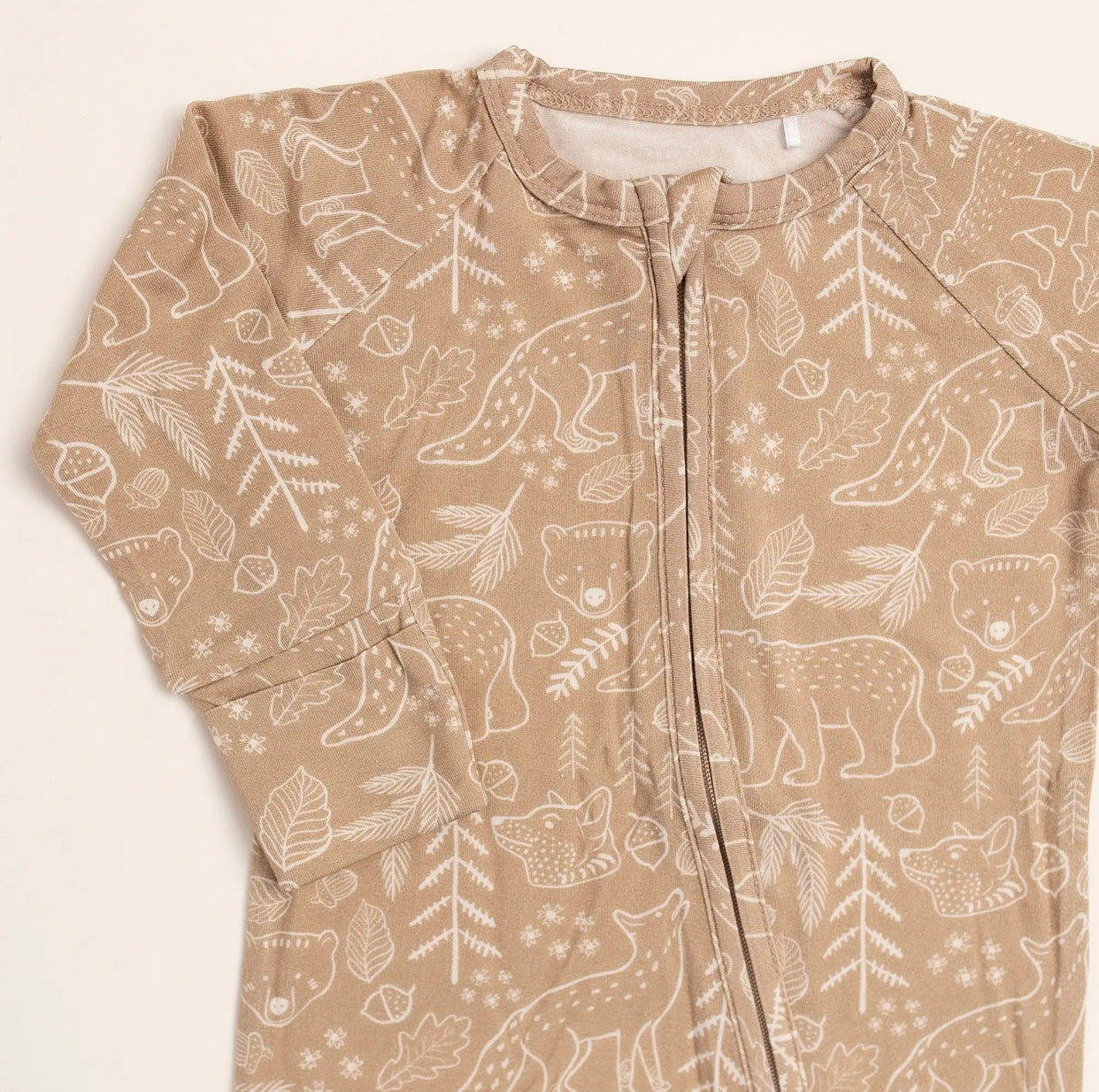 Taupe woodland print baby bamboo pajamas romper