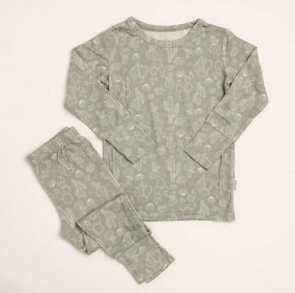 sage colored bamboo pajama set with cactus print